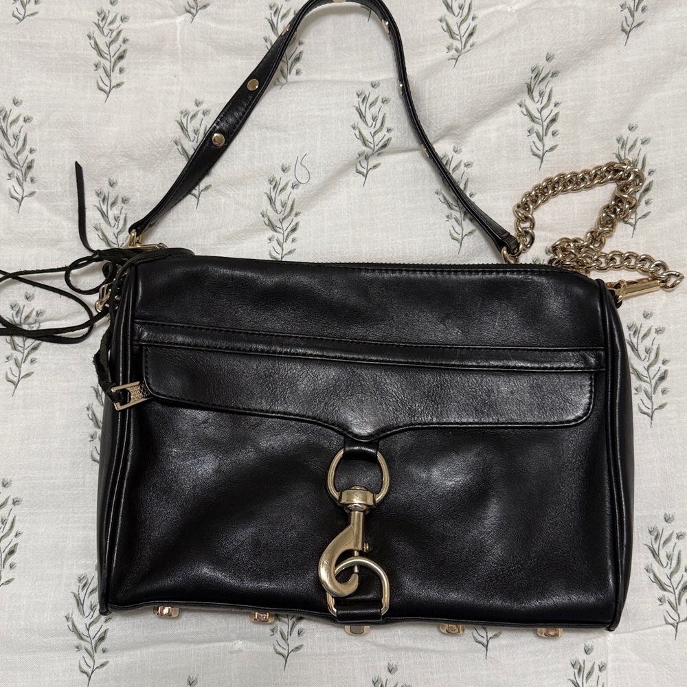Rebecca Minkoff MAB Black Leather Shoulder Bag with Gold Chain